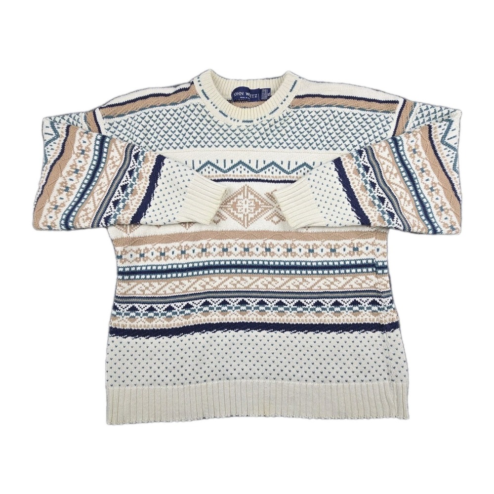 Vintage John Weitz Made‎ in USA Patterned Knit Sweater Winter Geometric Mens XL